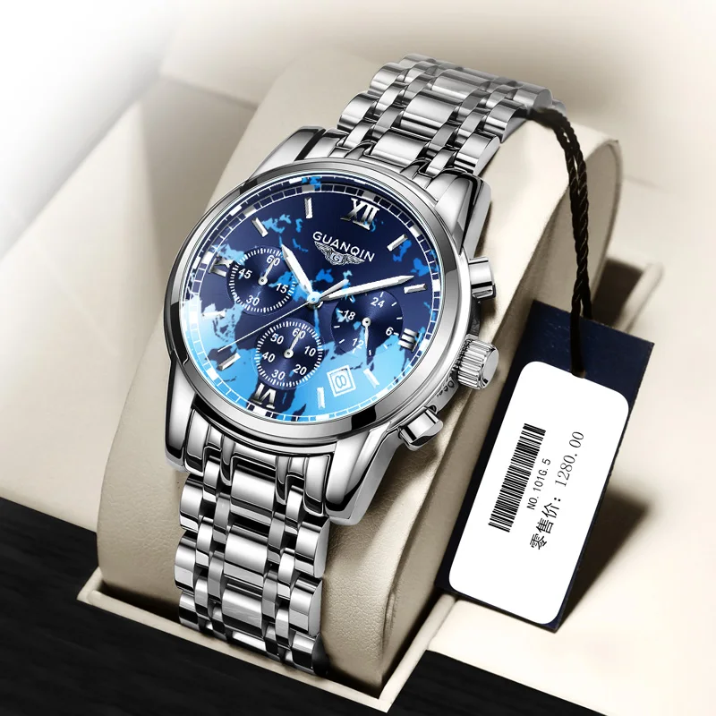 

GuanQin OEM ODM quartz watch multifunction sport chronograph stainless steel case wrist watches