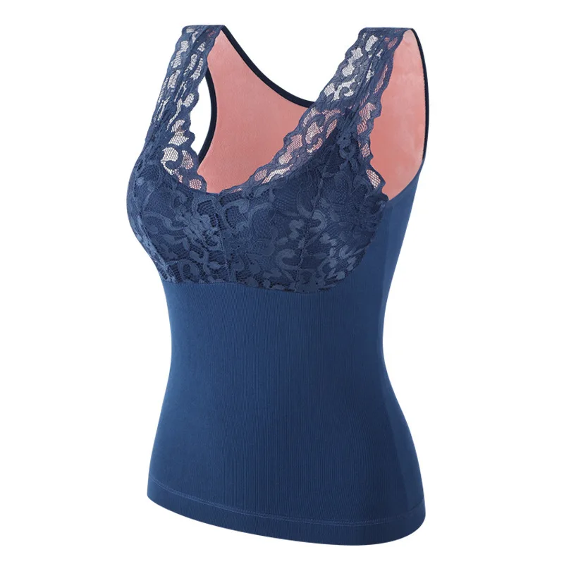 

Women's lace sexy V-neck warm vest women's plus velvet thickening free bra base underwear