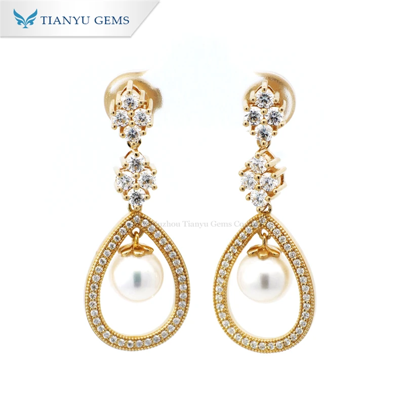 

Tianyu gems 10k yellow gold 7.0mm round pearl with def vvs1 moissanite diamond jewelry earrings for women daily wear