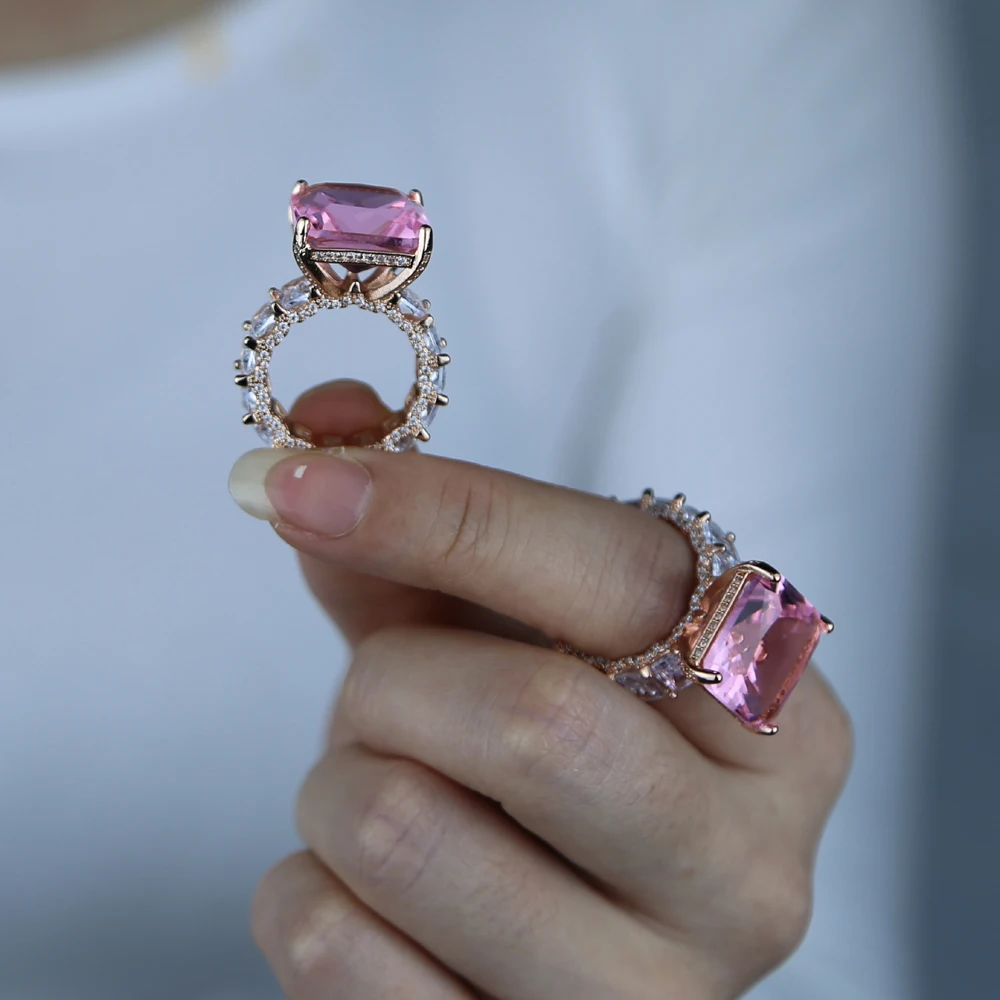 

rose gold plated wedding jewelry pink cubic zirconia big square shape cz band diamond sparking bling ring drop shipping, Customized