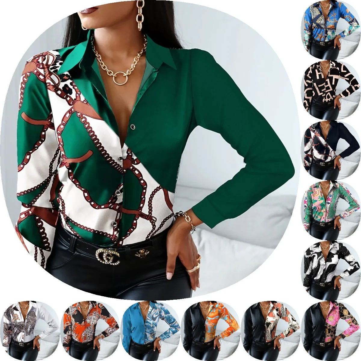 

Long sleeves V collar matching color retro style blouse blouse for women