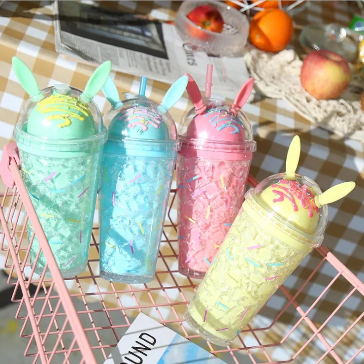 

Glitters Pattern Double Layer Plastic Water Bottle Innovative Gift Ice Cream Straw Healthy Drink Bottle For Outdoor Girl Cup, Six colors