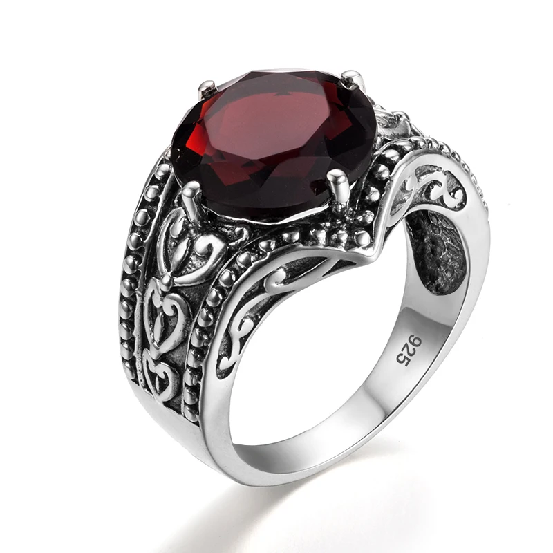 

Classic Garnet Round Red Gemstone 925 Sterling Silver Rings vintage jewelry for men