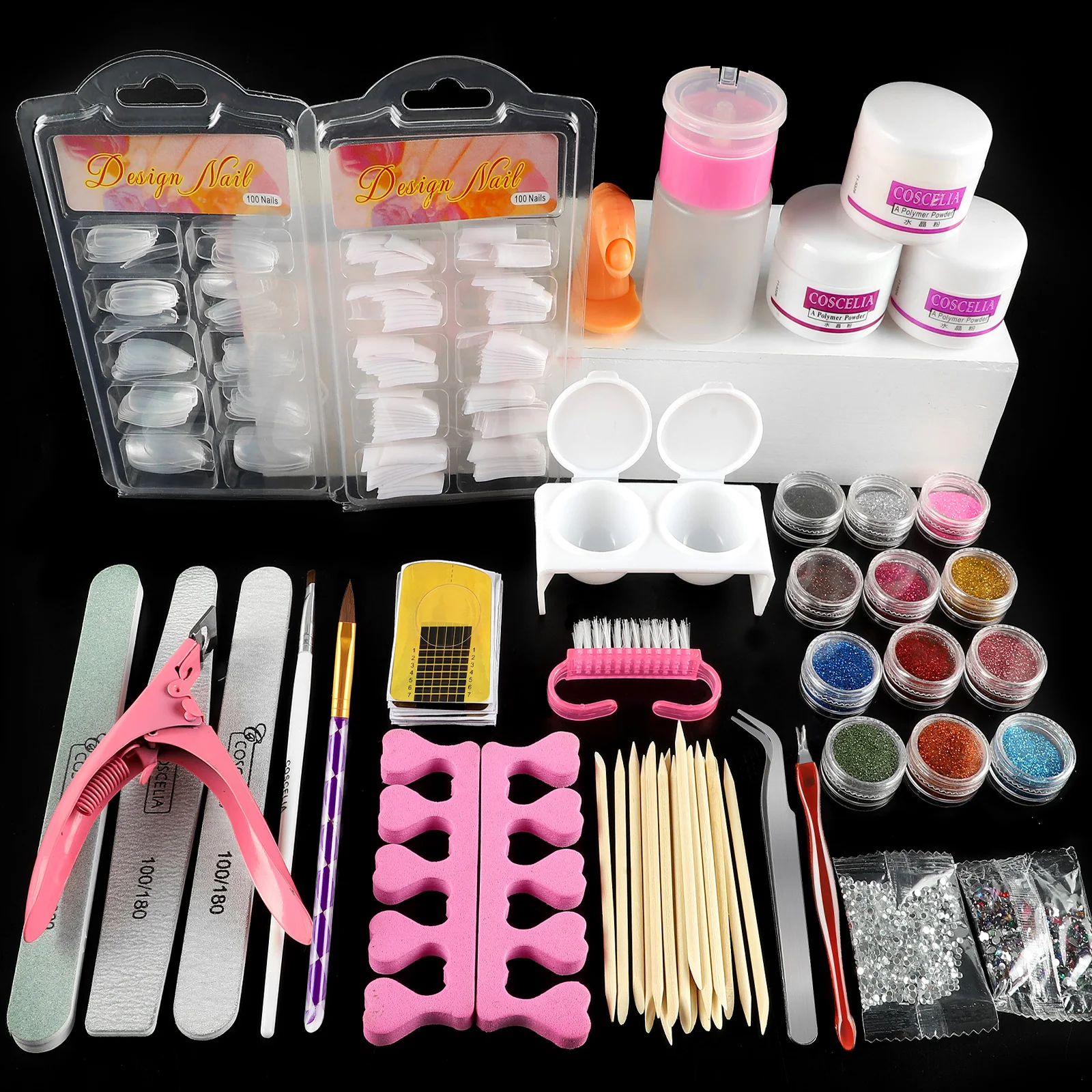 

COSCELIA High Quality Professional Acrylic Powder Nail Set Kit with UV Lam Fast Drying, 3 colors