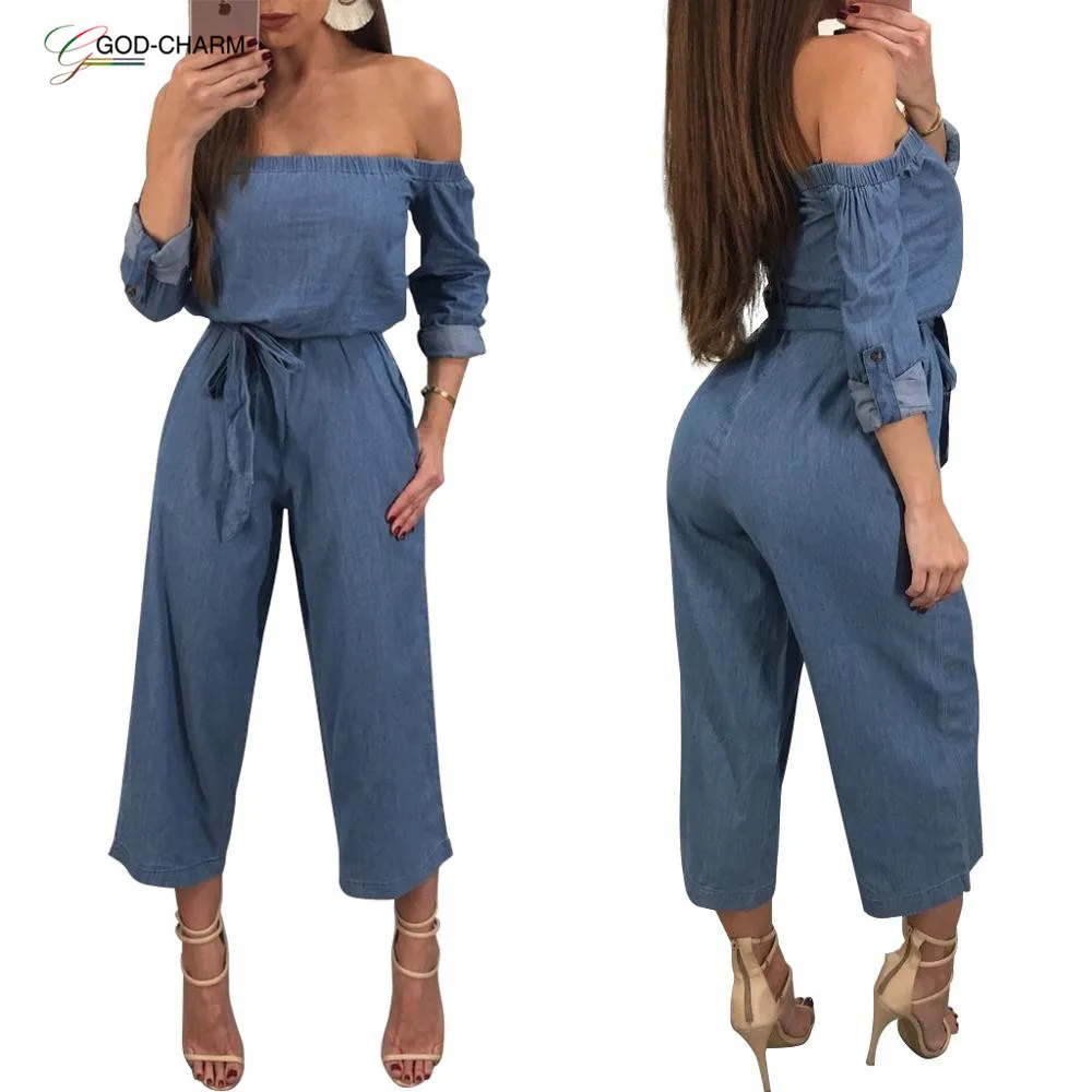 

GC-66862635 Wholesale Trendy Off Shoulder Women Jumpsuit Denim With Waistband Denim Romper Women Ropa De Mujeres de Moda, Blue/black/wine