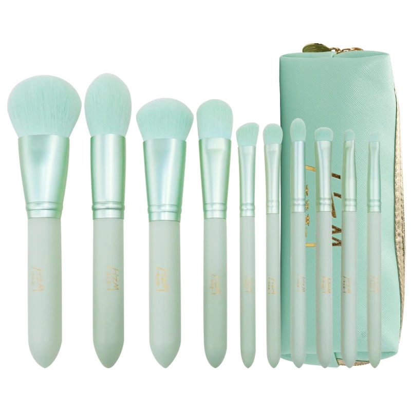 

10 Pcs Best Vegan Professional Private Label Green Beauty Handle Custom Logo Makeup Brushes Makeup Brush Set With Bag