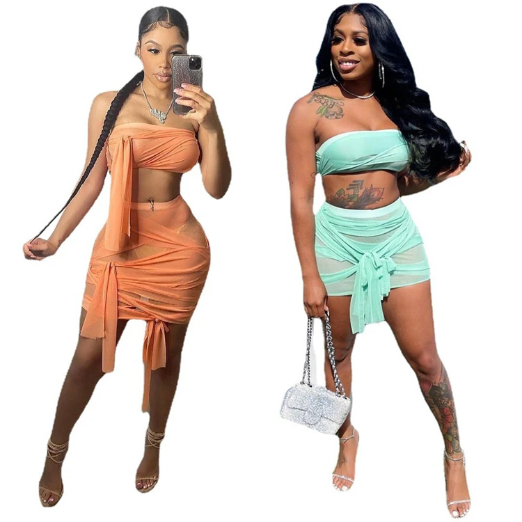 

DUODUOCOLOR Irregularity bandage perspective strapless crop tops club short skirt two piece set sexy woman clothing D10086