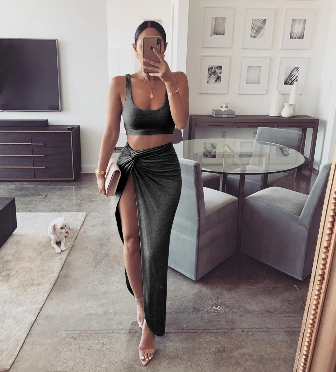 

Hot Sale Fashion Sling Top and High Slit Long Skirt for Women Two Piece Sets Clothing, White,pink,purple,black,grey,orange