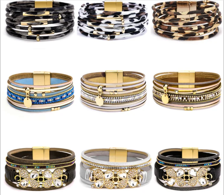 

hot woman multilayer leather bracelets lady leopard Zebra PU leather bracelets girls rhinestone crystal wide leather bracelets