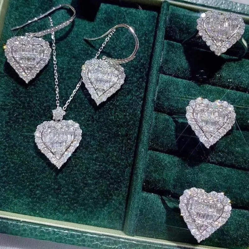 

Exquisite Cubic Zircon Bridal Jewelry Set Solid 925 Sterling Silver Heart Shape Ring Earring necklace Ladies Jewelry Set, Picture shows