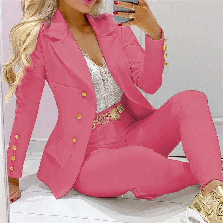 

Stylish Office Ladies 2 Piece Outfits Long Sleeve Solid Color Autumn Women Two Piece Pant Set, Customized color