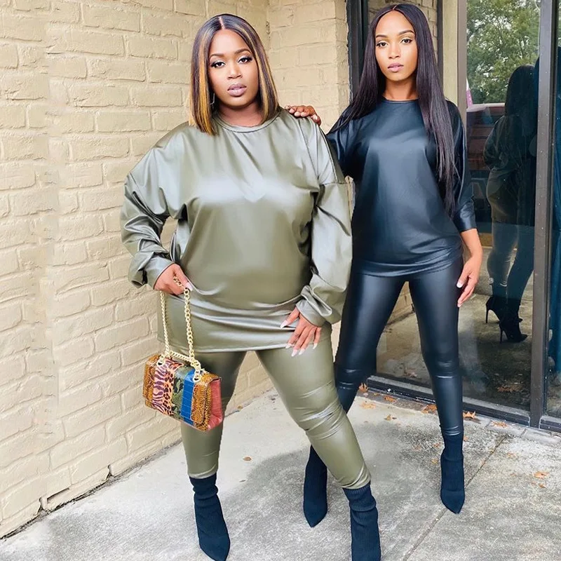 

WW-0970 Women's PU Leather Pants New Fleece Casual Leather Suit Leather Trousers Fur Hoodie 2 Piece Set Women Clothing, Customized color
