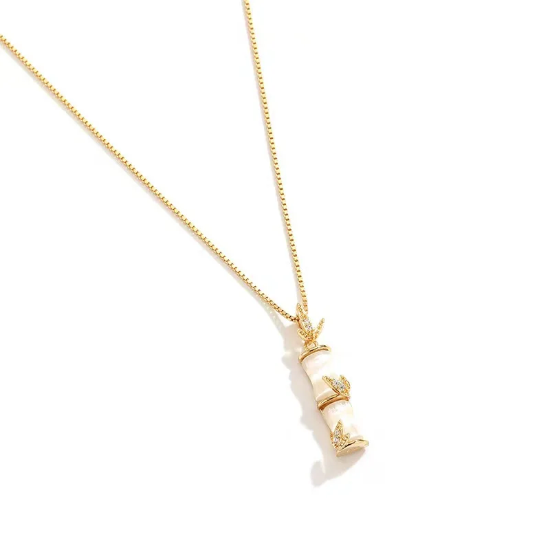 

Gold Plated Stainless Steel Long Bamboo Shape Charm Natural Jade Pendant Necklace For Women Jewelry