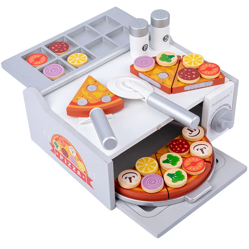Children Wooden Kitchen Toy Pretend Pizza Oven Kids Role Play Toy Food Cutting Educational Wooden Toys