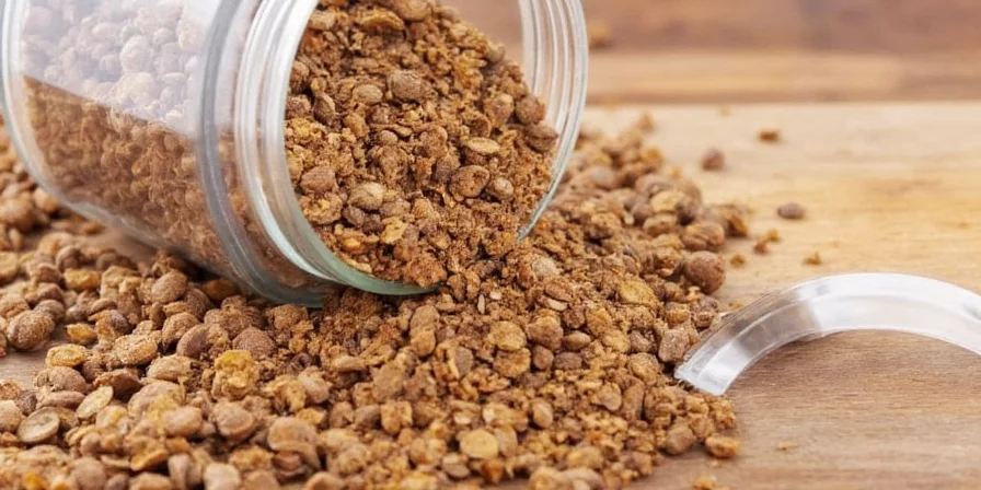 A close-up of a glass jar filled with apple pie spice.