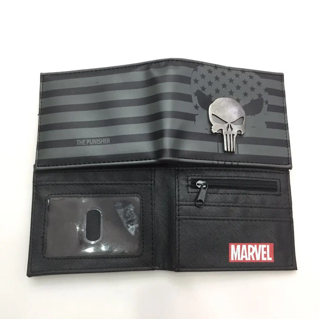 

Professional PU PVC Wallets Supply Marvel Purse Short Leather Zipper Metal Logo Money Clips for Men Frank Castle Punisher Wallet