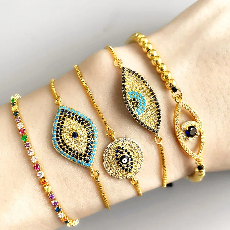 

Women's Jewelry Colorful CZ Gold Chain Evil Eyes Tennis Bracelet Copper Bead Geometric Eyes Bracelet For Girlfriend