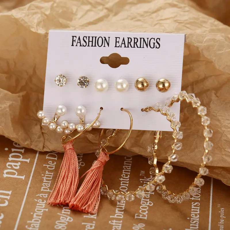 

51639 Bohemian Tassel Hoop Drop Earring Set for Women Wholesale Gold Plated Female Jewelry Earrings