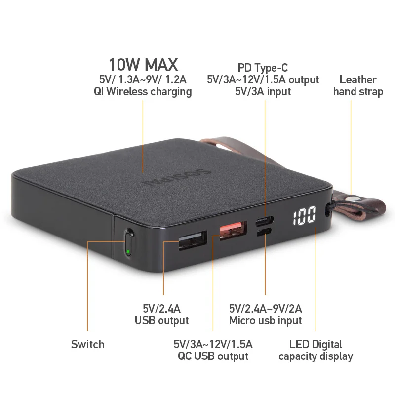 
New products for iphone 10w wireless charger power bank 10000mah portable 2 output custom qi fast charging wireless power bank 