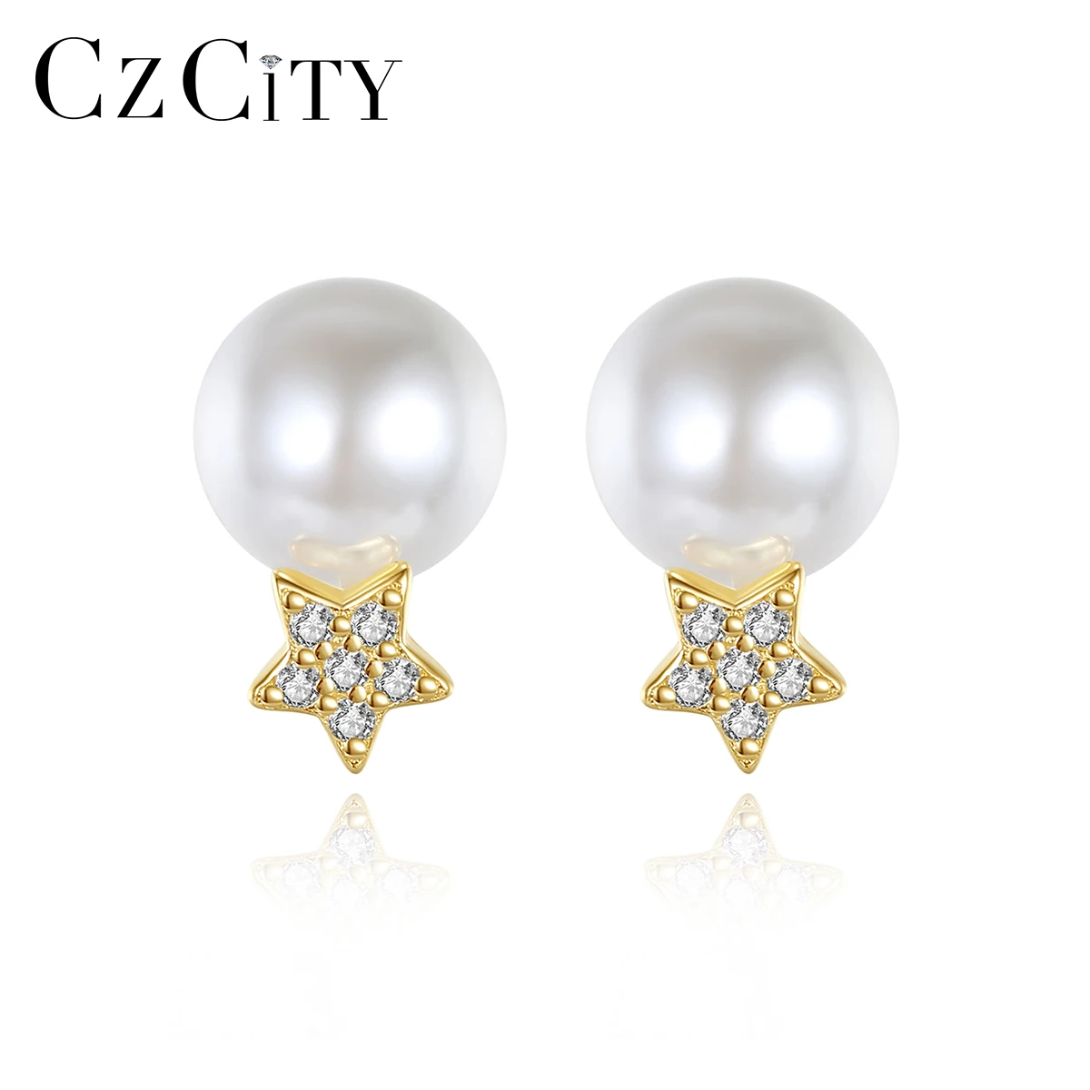 

CZCITY 925 Silver High Quality Jewelry Dainty Wear Cubic Zirconia Star Shape Pearl Cute Stud Earrings for Girls