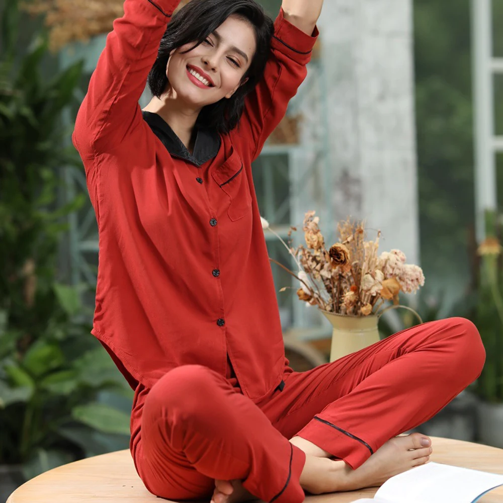 

Solid red color button pijamas manga larga longos termicas inverno en algodon chinos pyjama femme hiver women ladies pajamas set