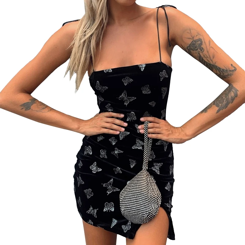 

Sexy Butterfly Print Lace Up Dress Women Sleeveless slim skirt