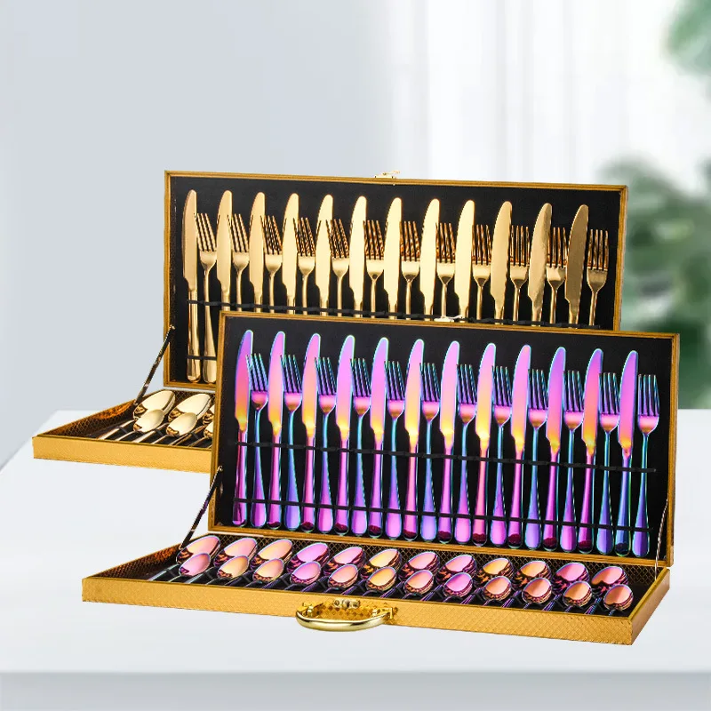 

Wooden Box 36pcs flatware cutlery set stainless steel brilliant spoon and fork set, Sliver.gold ,rose gold ,rainbow ,black ,purple ,blue