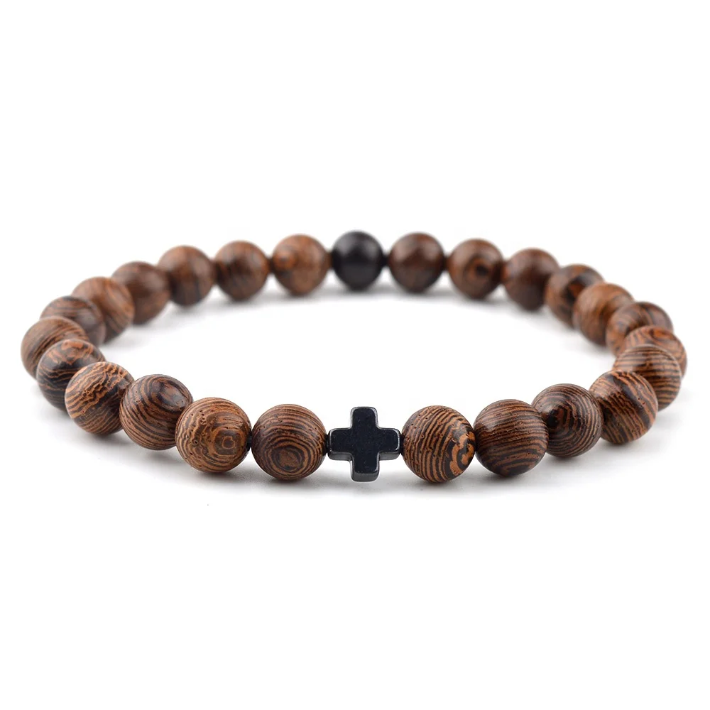 

8mm Wood Beads with Hematite Cross Catholic Religious Bracelet for Men