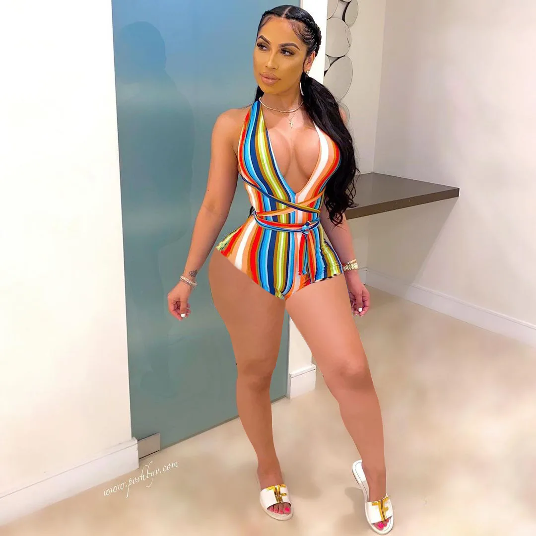 

H6257 - Casual Bodycon Sleeveless Stripper Backless Printed Rompers Women