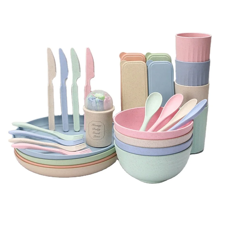 

29pcs Reusable biodegradable eco friendly Tableware Wheat Straw Dinnerware Set With Plates And Bowls Sets For Cutlery Gift Set