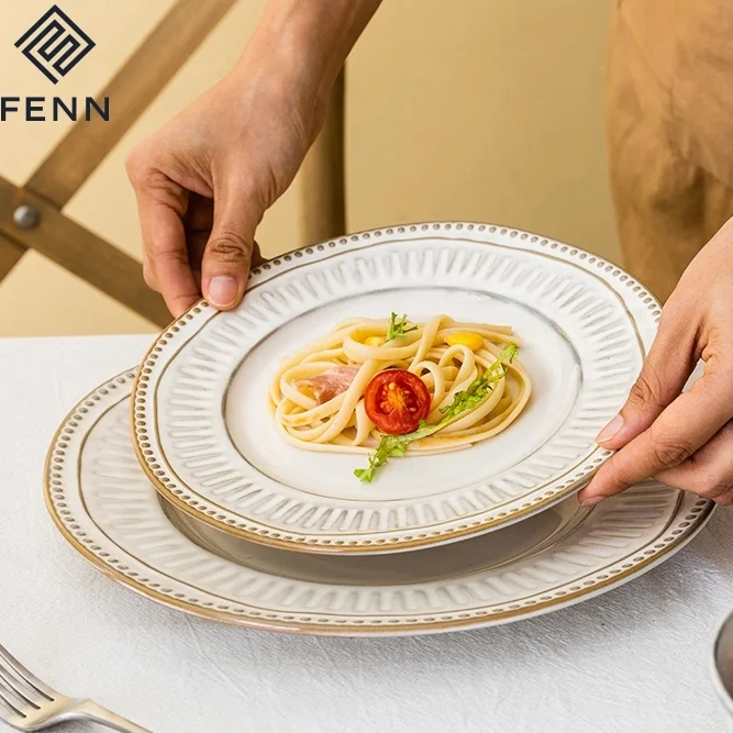 FENN Embossed Reactive Glaze Microwave Oven Safe Casual Ceramic Dinner Plates Set of 6 Dish Set Wedding Porcelain Serving Dishes