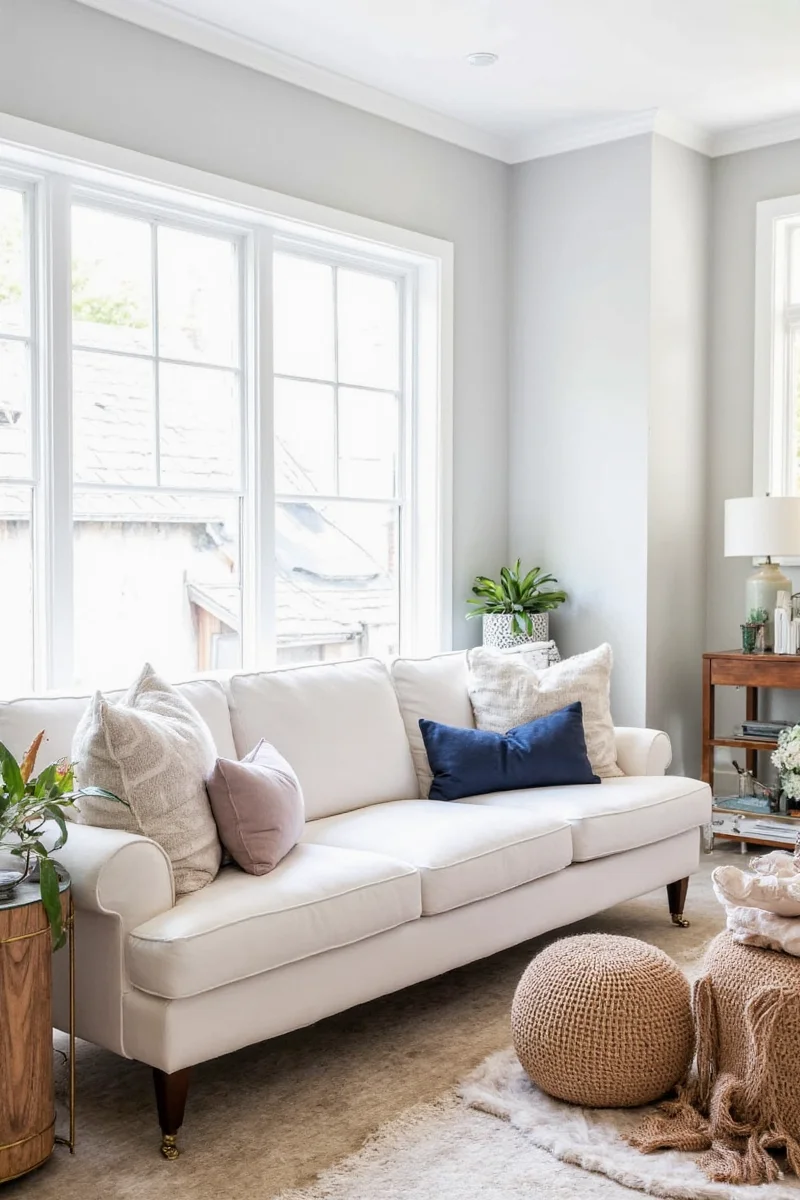 Modular white sectional in a modern living room