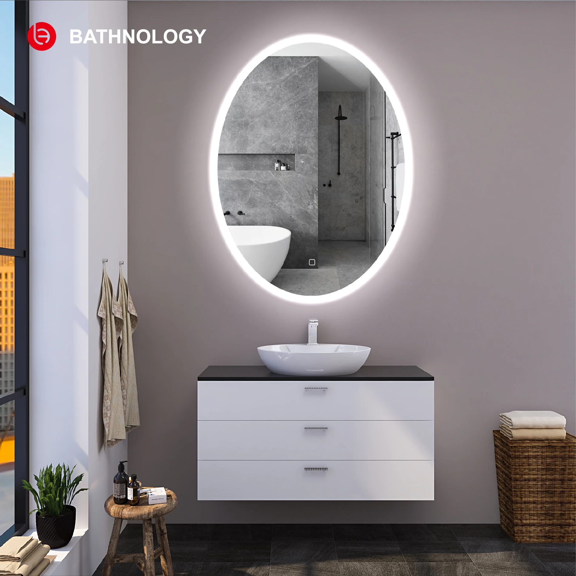 5mm Copper-free Oval Anti-fog Silver Mirror Led Bathroom with touch sensor Wall mirror led