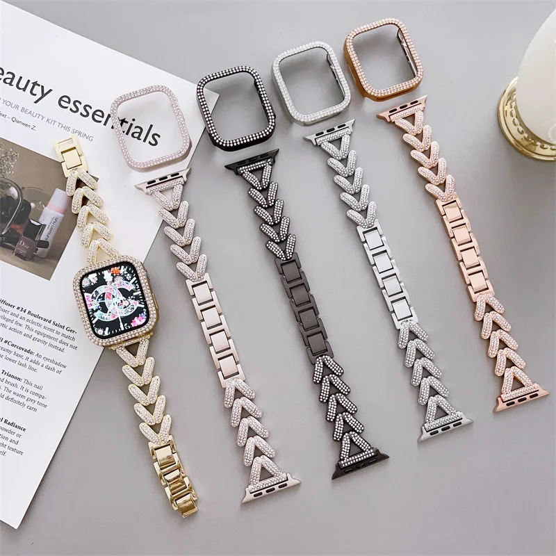 

Glitter Bling Aluminium Alloy Watch Band Metal Diamond Luxury Designer Strap Protective Case For Apple Iwatch 3 4 5 6 7 8