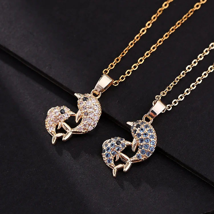 

Brand New Design Micro Inlaid CZ Ocean Fish Animal Pendant Necklace Fancy Gold Plating Sapphire Crystal Dolphins Necklace