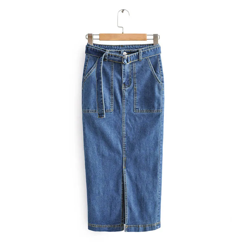 

Q942 Women Brief Slim Waist Denim Pencil Skirt Ladies Sashes Slim Front Split Jeans Skirts Saia Clothing