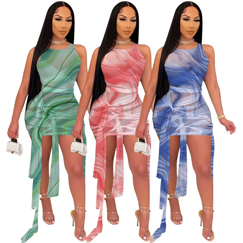 

Sexy Tie Dye Tie-Wrap O Neck Sleeveless Bodycon Bandage Short Dress Woman Summer Fashion Dresses New Arrivals 2021, Shown