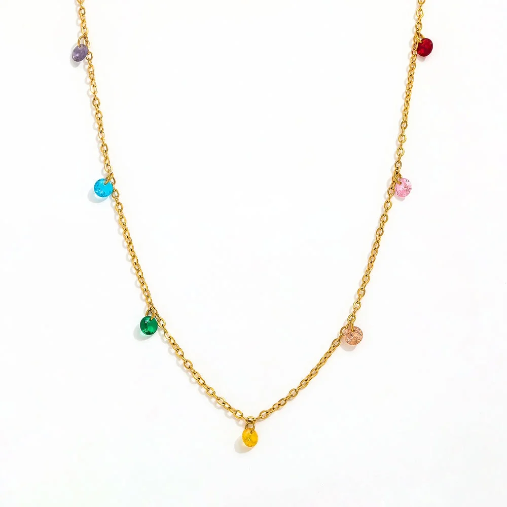 Joolim Jewelry 18K Gold Plated Colorful 7 Color Oval Round Zirconia Tassel Pendant Necklace Stainless Steel Jewelry Wholesale