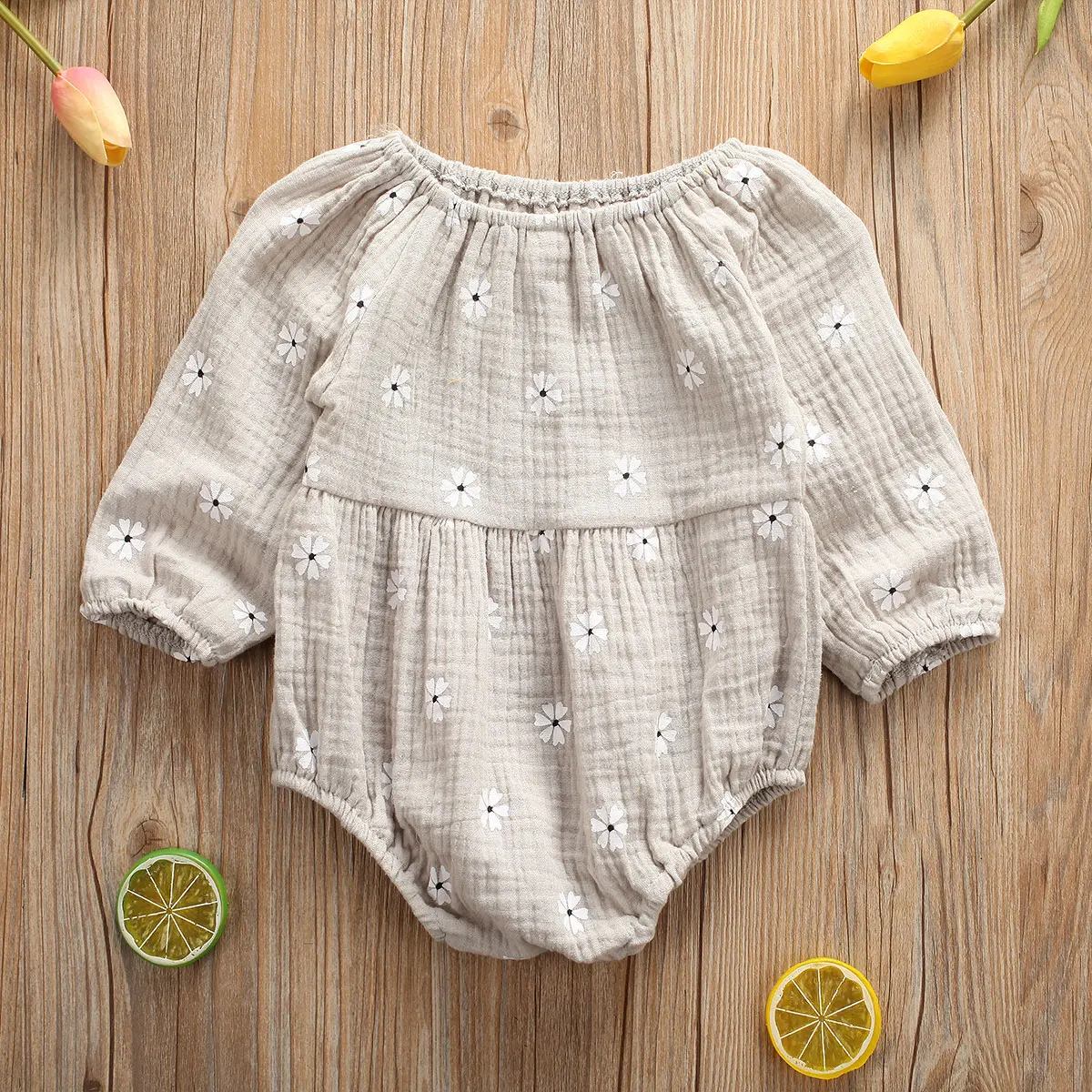 

Baby Spring Autumn Clothing Infant Newborn Baby Girls Bodysuit Cotton Muslin Daisy Printed Baby Romper, Photo showed and customized color