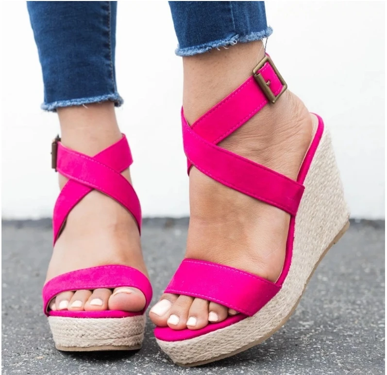 

New fashion summer plus size fancy women fish mouth roman cross strap platform hemp ropeknot wedge laddies sandals outdoor