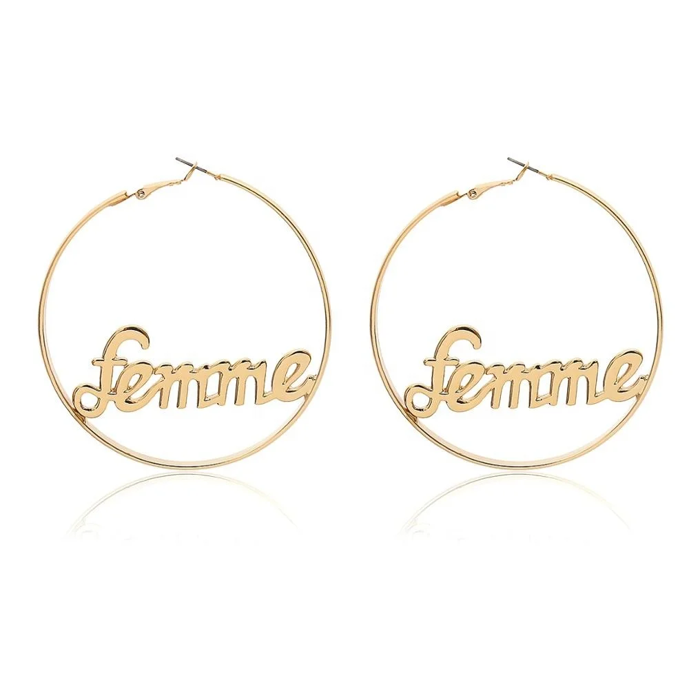 Jiushang personality new style hollow out geometry metal fashion big circle letter gold plated hoop earrings