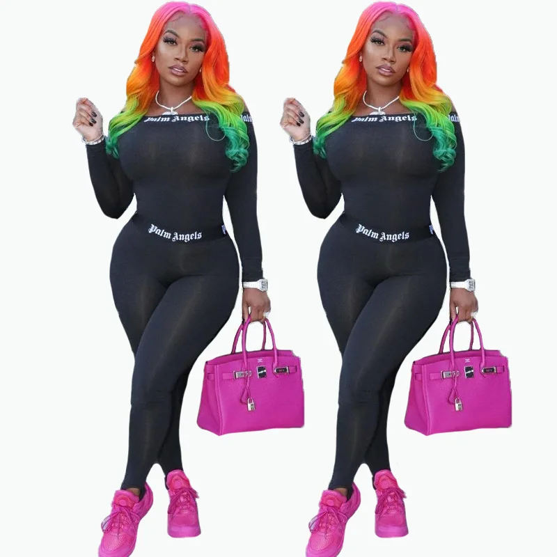 

Brand Design Palm Angels Tracksuit Bodycon Off Shoulder Shirt+Pencil Pants Best Selling Monsoon 2 Piece Set Track Suit For Women