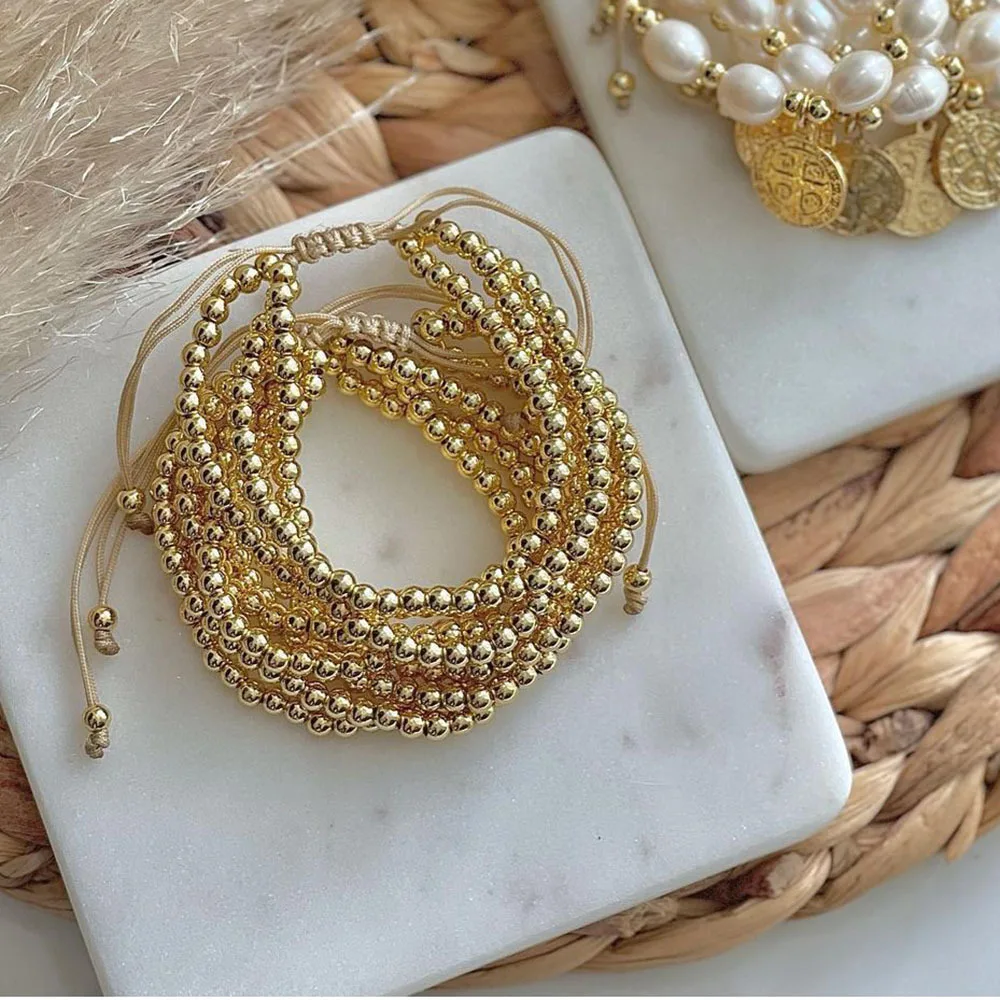 KKBEAD Multi Layer 18K Gold Beads Adjustable Bracelets Non Tarnish Waterproof Beads Bracelet
