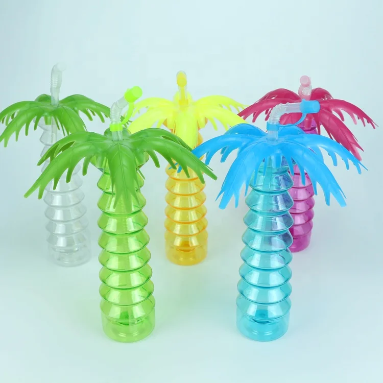 

Wholesale Colorful Hot sale Cheap High Quality PET Plastic Palm tree water bottle summer beach juice yard Cup With straw, Blue,green,yellow,pink,clear