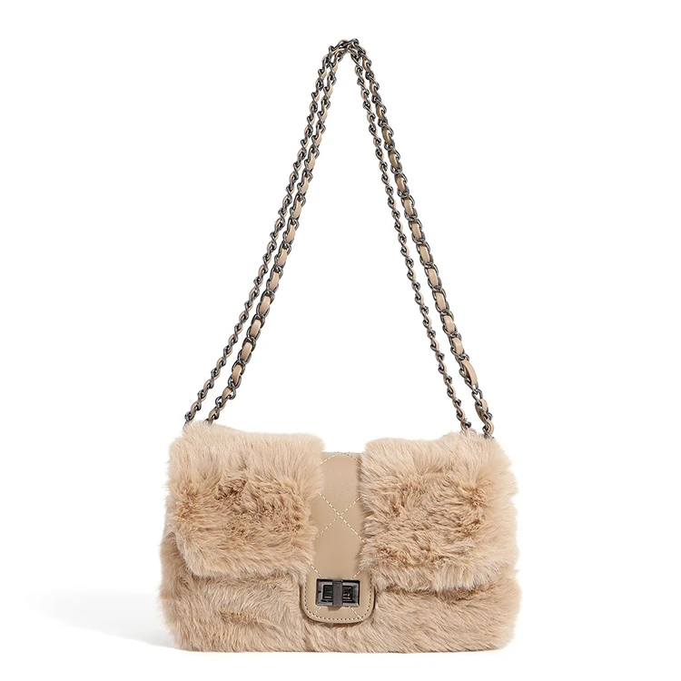 

EM789 Hot selling new style chain wild one-shoulder soft winter faux fur handbag plush bucket