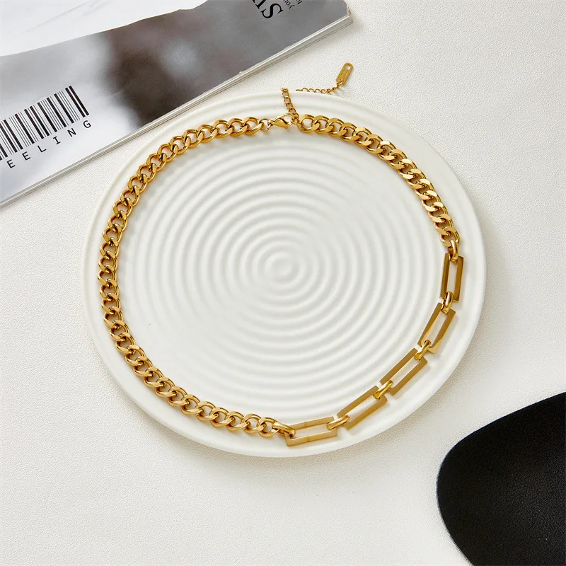 

New Waterproof Jewelry Set 18k Gold Plated Stainless Steel Splicing Cuban Chain Choker Necklace Bracelet For Women YF3186