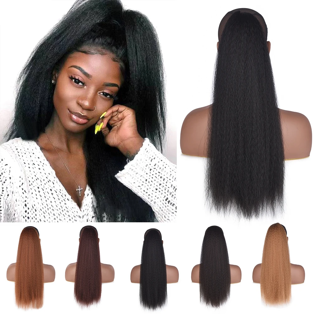 

Wholesale 22'' Ombre Long Yaki Straight Drawstring Kinky Curly Ponytail Afro Synthetic Clips in Ponytail Extension For Women