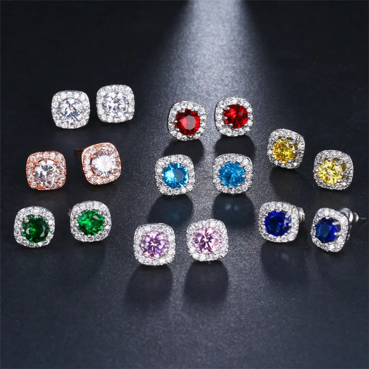 

Iced Out Women Jewelry Baguette Pink Zirconia Stud Earrings CZ Square Stud Earring, Blue/pink/red