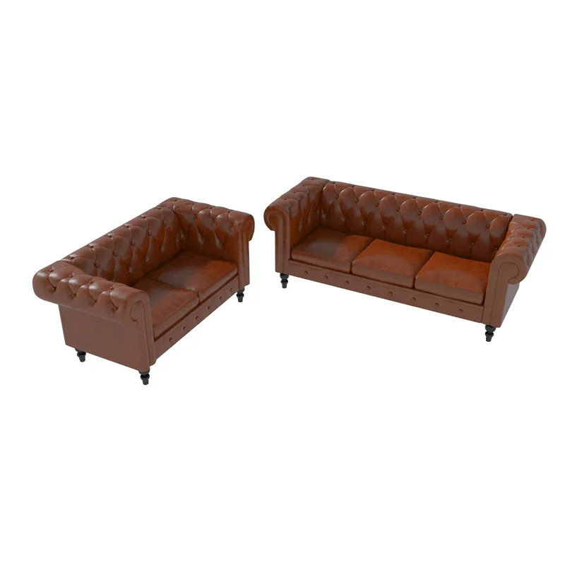 

Vintage Style Chesterfield Sofa 3 Seater Loveseat Sofas Set Tan Leather Couch, Optional