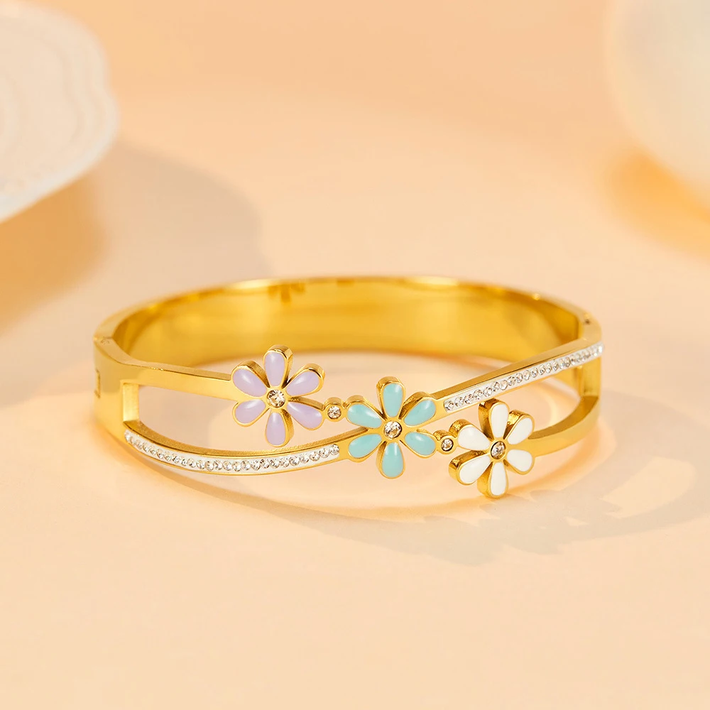 

18K Gold Plated Fashion Charm Zircon Jewelry Bracelet Color Enamel Daisy Stainless Steel Bangles for Women